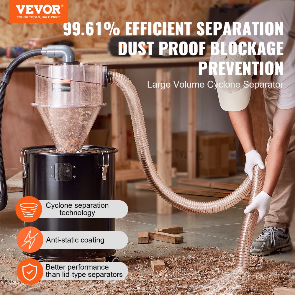 VEVOR Cyclone Dust Separator with Metal Tank, 4" Retrofit Cyclone Separator for Dust Collectors, ABS Dust Deputy With 2" Hole O.D. Connector & Hose for Wet/Dry Shop Vacuums, Fits 13.21 Gallon Tank