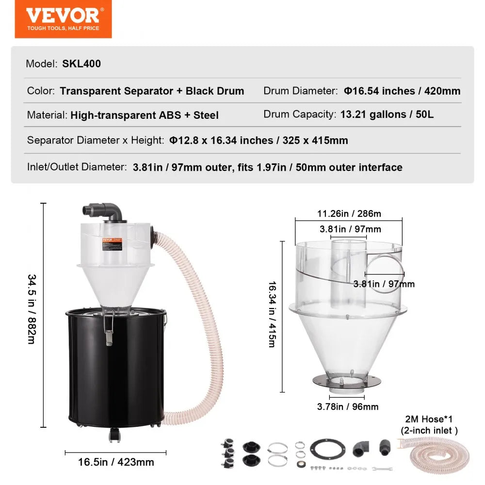 VEVOR Cyclone Dust Separator with Metal Tank, 4" Retrofit Cyclone Separator for Dust Collectors, ABS Dust Deputy With 2" Hole O.D. Connector & Hose for Wet/Dry Shop Vacuums, Fits 13.21 Gallon Tank