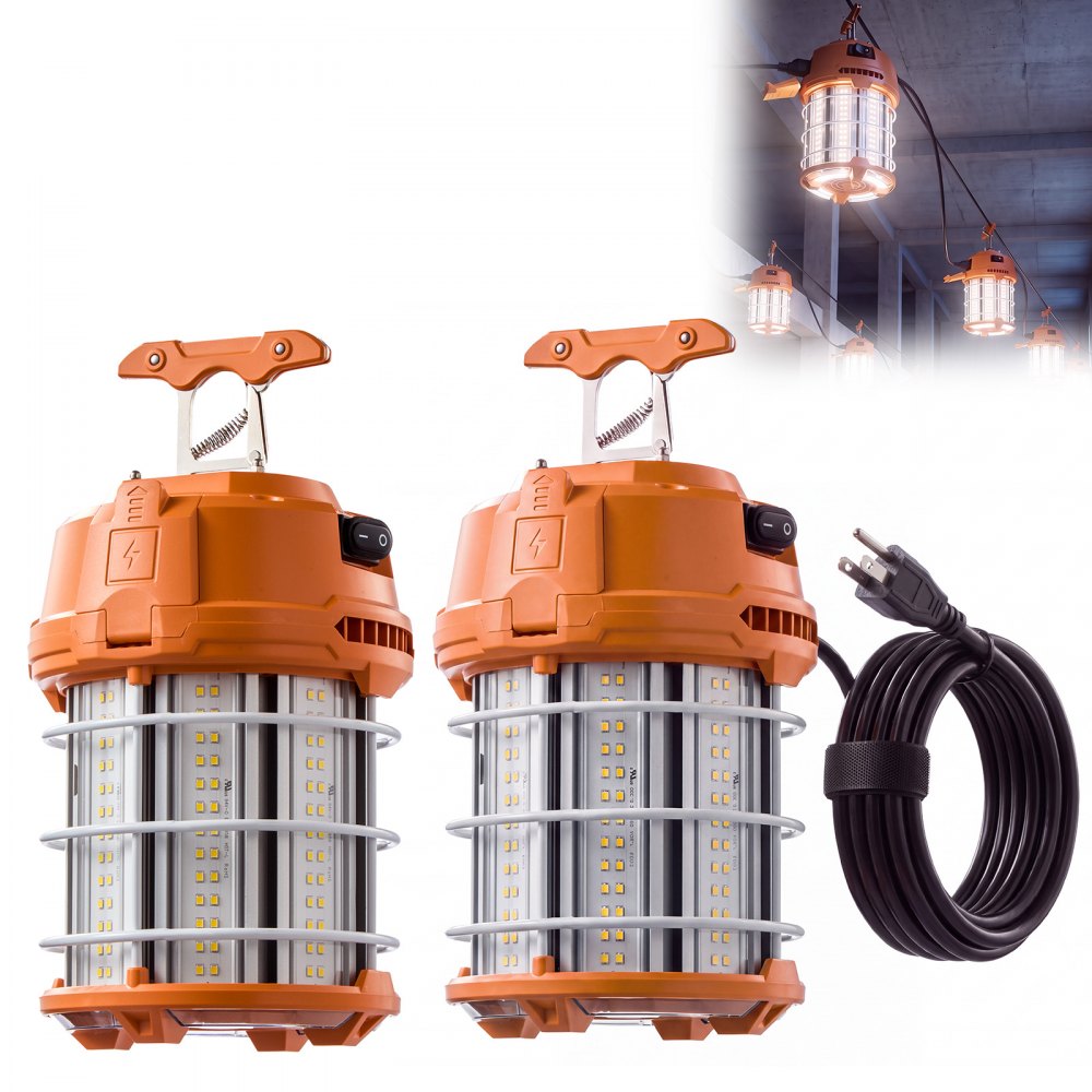 VEVOR LED Temporary Work Lights 100W 13000LM 5000K LED Construction Lights, Hanging Portable Linkable Jobsite Lighting, Daisy Chain 8 Units, 10 ft Power Cord, for Construction Sites, Workshop, 2 Pack