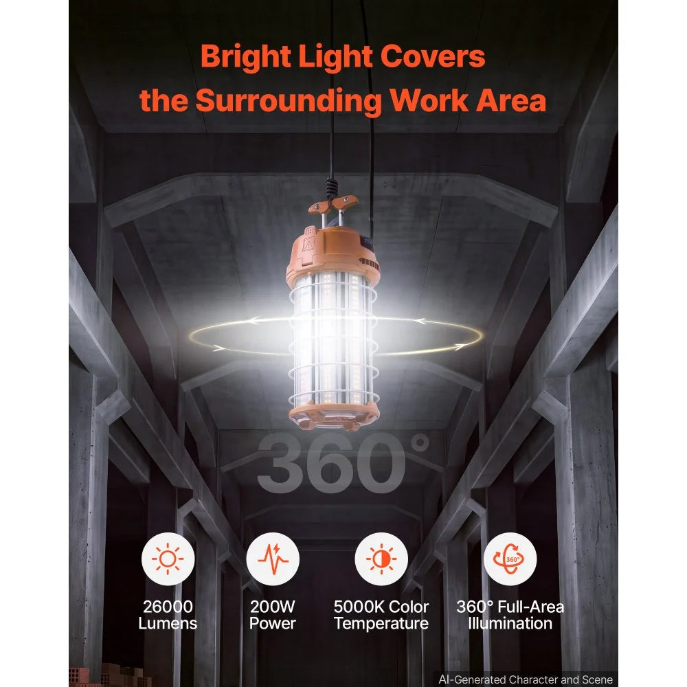VEVOR LED Temporary Work Light 200W 26000LM 5000K LED Construction Light, Hanging Portable Linkable Jobsite Lighting, Daisy Chain 4 Units, 10 ft Power Cord, for Construction Sites, Workshop, 1 Pack