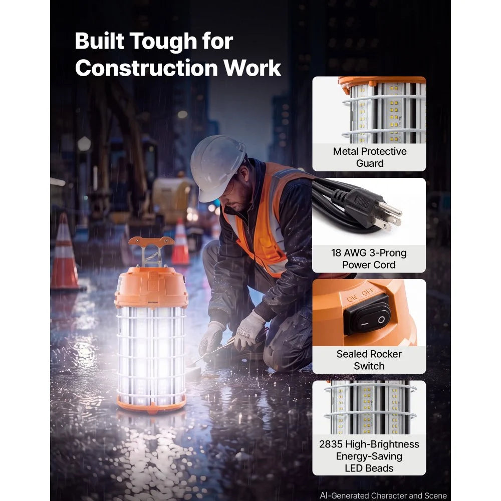 VEVOR LED Temporary Work Light 200W 26000LM 5000K LED Construction Light, Hanging Portable Linkable Jobsite Lighting, Daisy Chain 4 Units, 10 ft Power Cord, for Construction Sites, Workshop, 1 Pack
