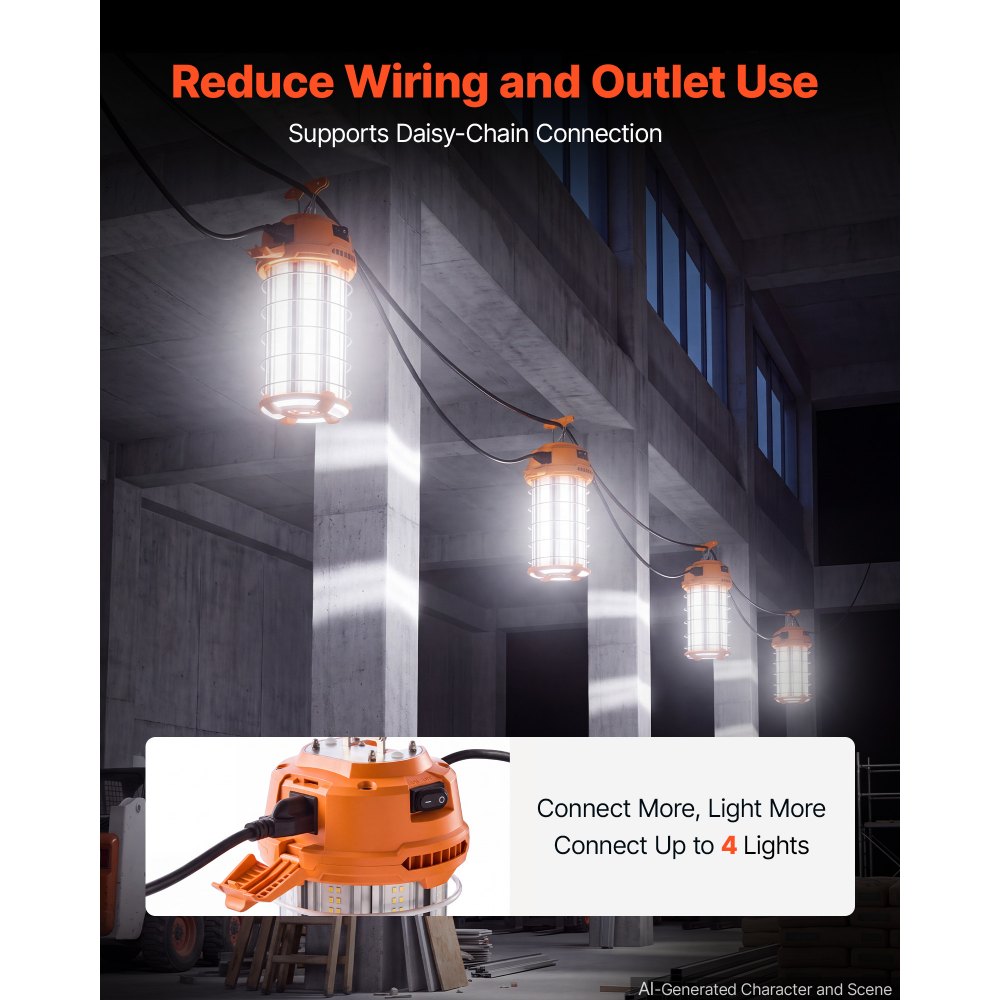 VEVOR LED Temporary Work Light 200W 26000LM 5000K LED Construction Light, Hanging Portable Linkable Jobsite Lighting, Daisy Chain 4 Units, 10 ft Power Cord, for Construction Sites, Workshop, 1 Pack