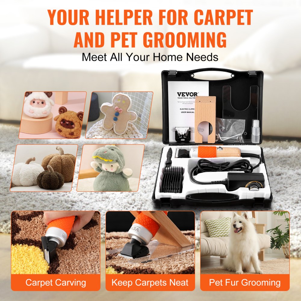VEVOR Carpet Trimmer with Shearing Guide, 200W Electric Speed Adjustable Rug Carver, Wooden Handle Carpet Carving Clippers, Tufting Shears with 2 Blades, for Handmade Rug Cleaning and Tufted Rug