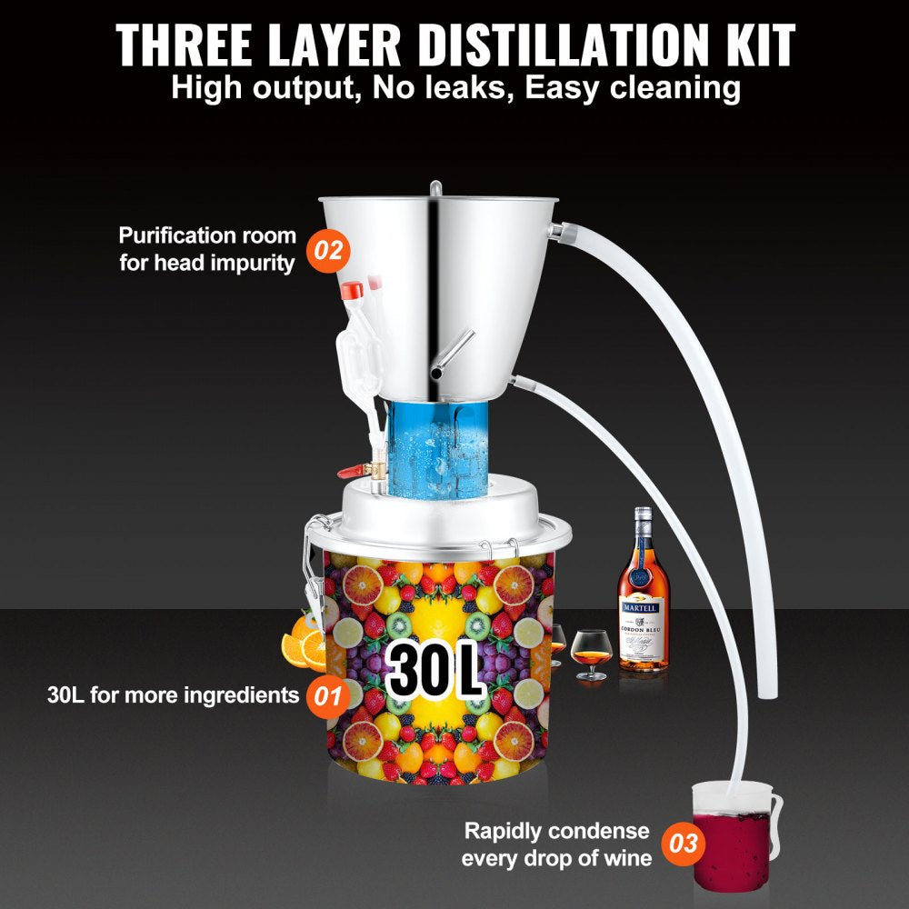 VEVOR Water Alcohol Distiller, 8 Gal/30 L, 304 Stainless Steel Still with 6-Lap Coil & Exhaust Port, Home Distillery Kit with Thermometer Pump, Oxygen-Free Steaming for Purer Whiskey Brandy Essential