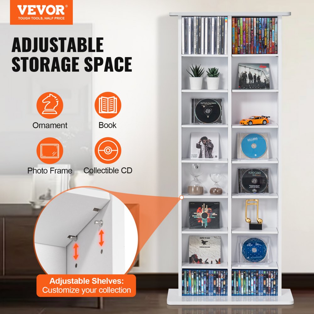 VEVOR Media Storage Cabinet, 8-layer DVD Shelf Holds up to 464 CDs, Adjustable CD Shelves 16 Compartments, Protects & Organizes Music, Movie, Video Games or Memorabilia Collections, White
