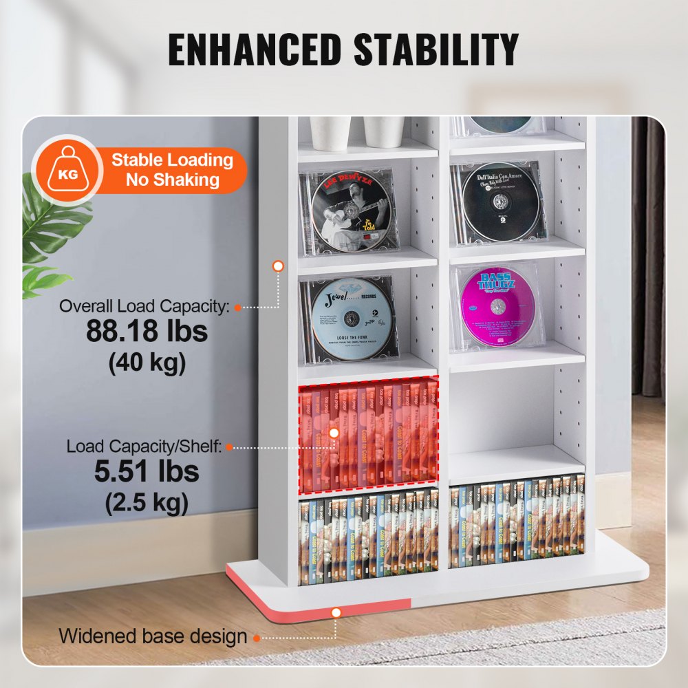 VEVOR Media Storage Cabinet, 8-layer DVD Shelf Holds up to 464 CDs, Adjustable CD Shelves 16 Compartments, Protects & Organizes Music, Movie, Video Games or Memorabilia Collections, White