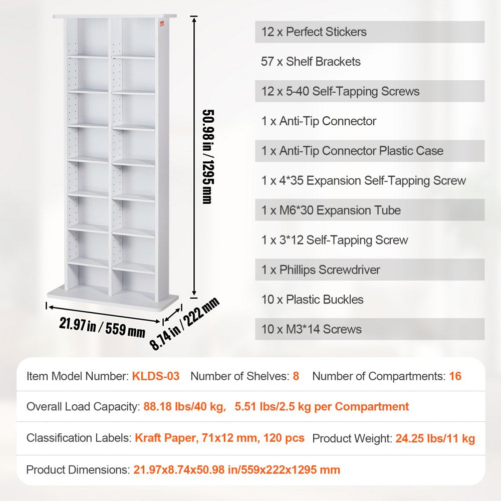 VEVOR Media Storage Cabinet, 8-layer DVD Shelf Holds up to 464 CDs, Adjustable CD Shelves 16 Compartments, Protects & Organizes Music, Movie, Video Games or Memorabilia Collections, White