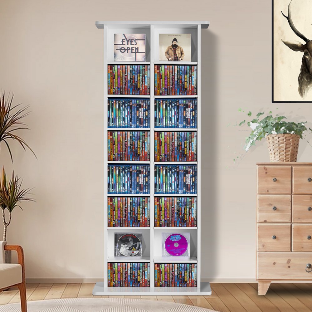 VEVOR Media Storage Cabinet, 8-layer DVD Shelf Holds up to 464 CDs, Adjustable CD Shelves 16 Compartments, Protects & Organizes Music, Movie, Video Games or Memorabilia Collections, White