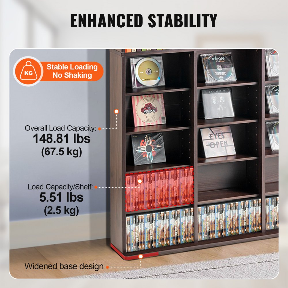 VEVOR Media Storage Cabinet, 9-layer DVD Shelf Holds up to 756 CDs, Adjustable CD Shelves 27 Compartments, Protects & Organizes Music, Movie, Video Games or Memorabilia Collections, Espresso