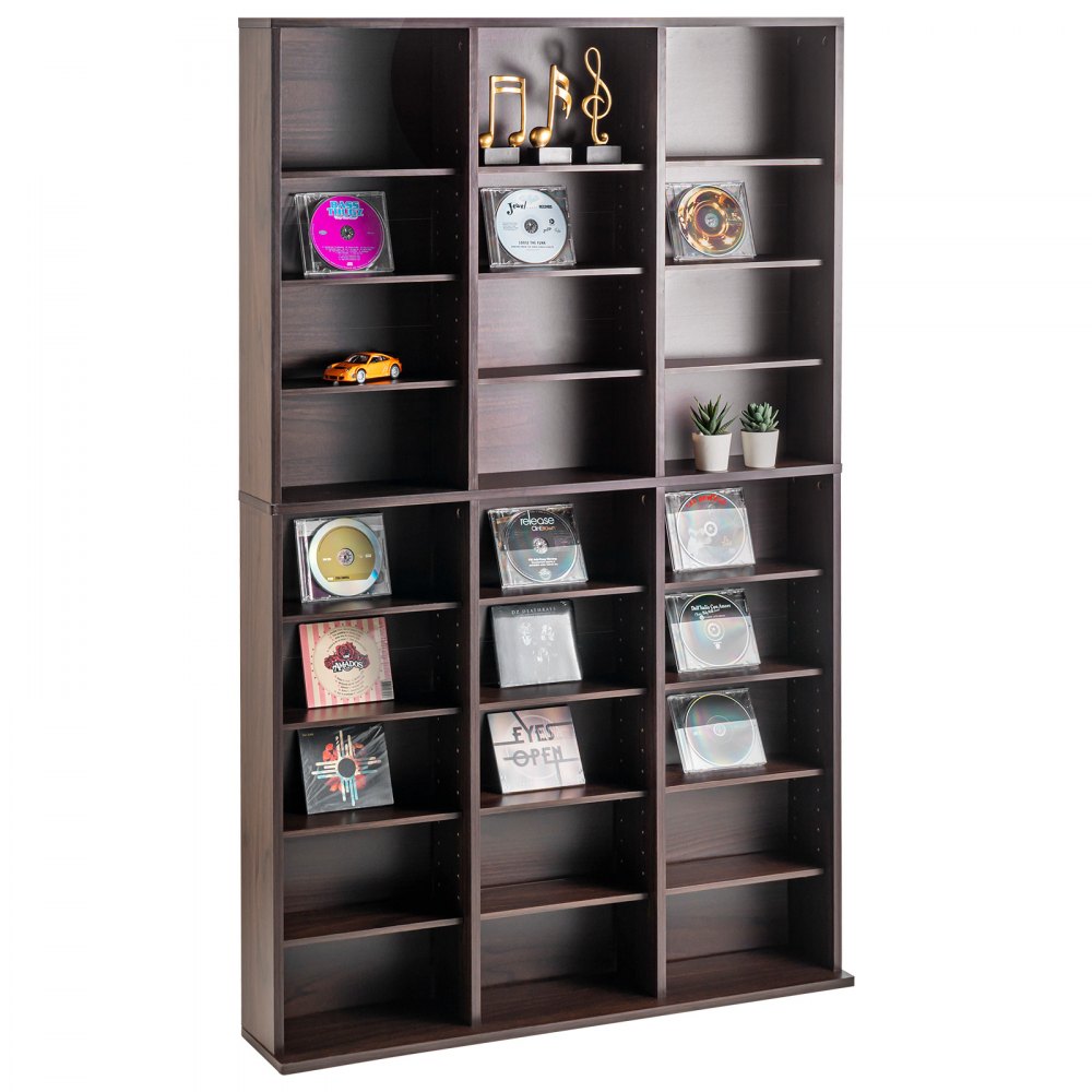 VEVOR Media Storage Cabinet, 9-layer DVD Shelf Holds up to 756 CDs, Adjustable CD Shelves 27 Compartments, Protects & Organizes Music, Movie, Video Games or Memorabilia Collections, Espresso