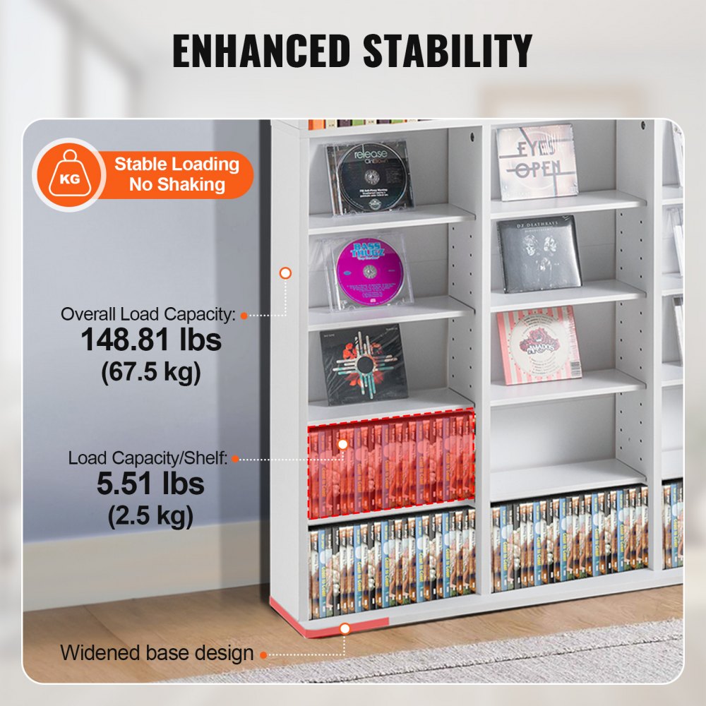 VEVOR Media Storage Cabinet, 9-layer DVD Shelf Holds up to 756 CDs, Adjustable CD Shelves 27 Compartments, Protects & Organizes Music, Movie, Video Games or Memorabilia Collections,White