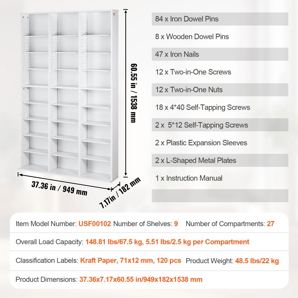 VEVOR Media Storage Cabinet, 9-layer DVD Shelf Holds up to 756 CDs, Adjustable CD Shelves 27 Compartments, Protects & Organizes Music, Movie, Video Games or Memorabilia Collections,White