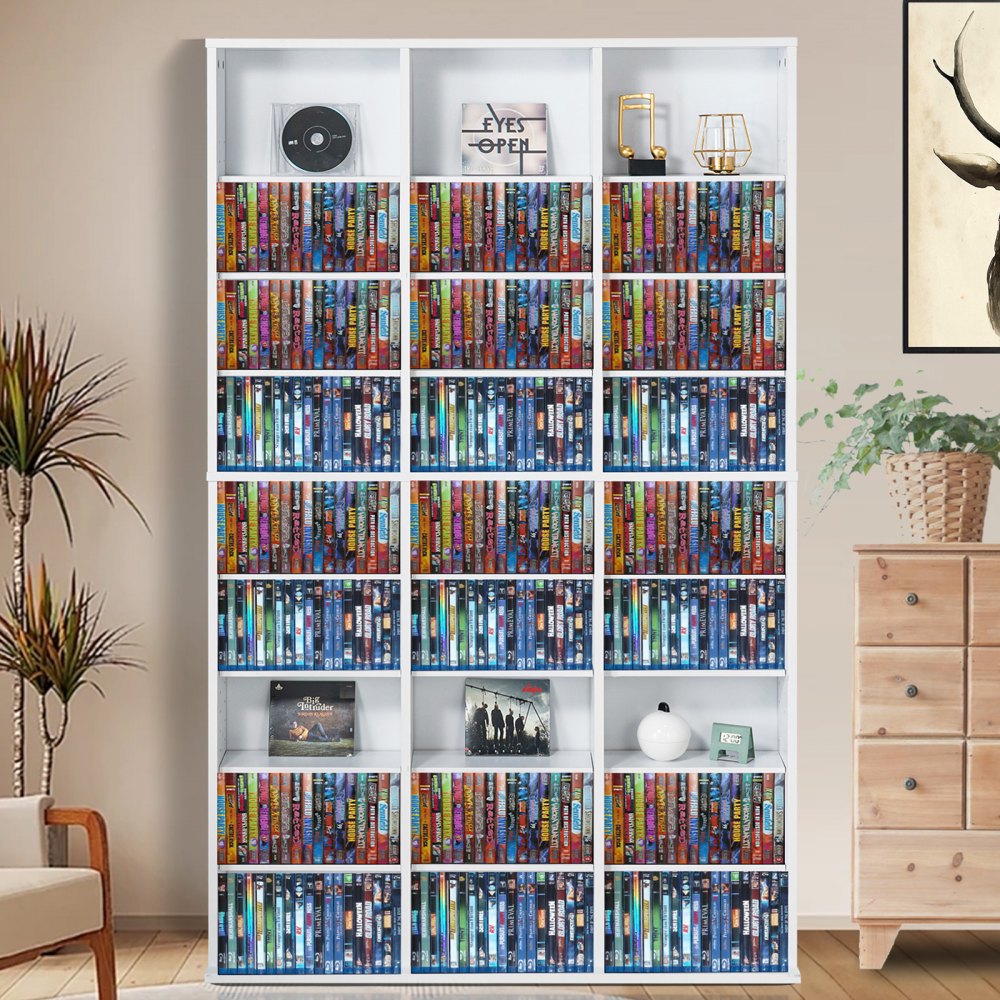 VEVOR Media Storage Cabinet, 9-layer DVD Shelf Holds up to 756 CDs, Adjustable CD Shelves 27 Compartments, Protects & Organizes Music, Movie, Video Games or Memorabilia Collections,White
