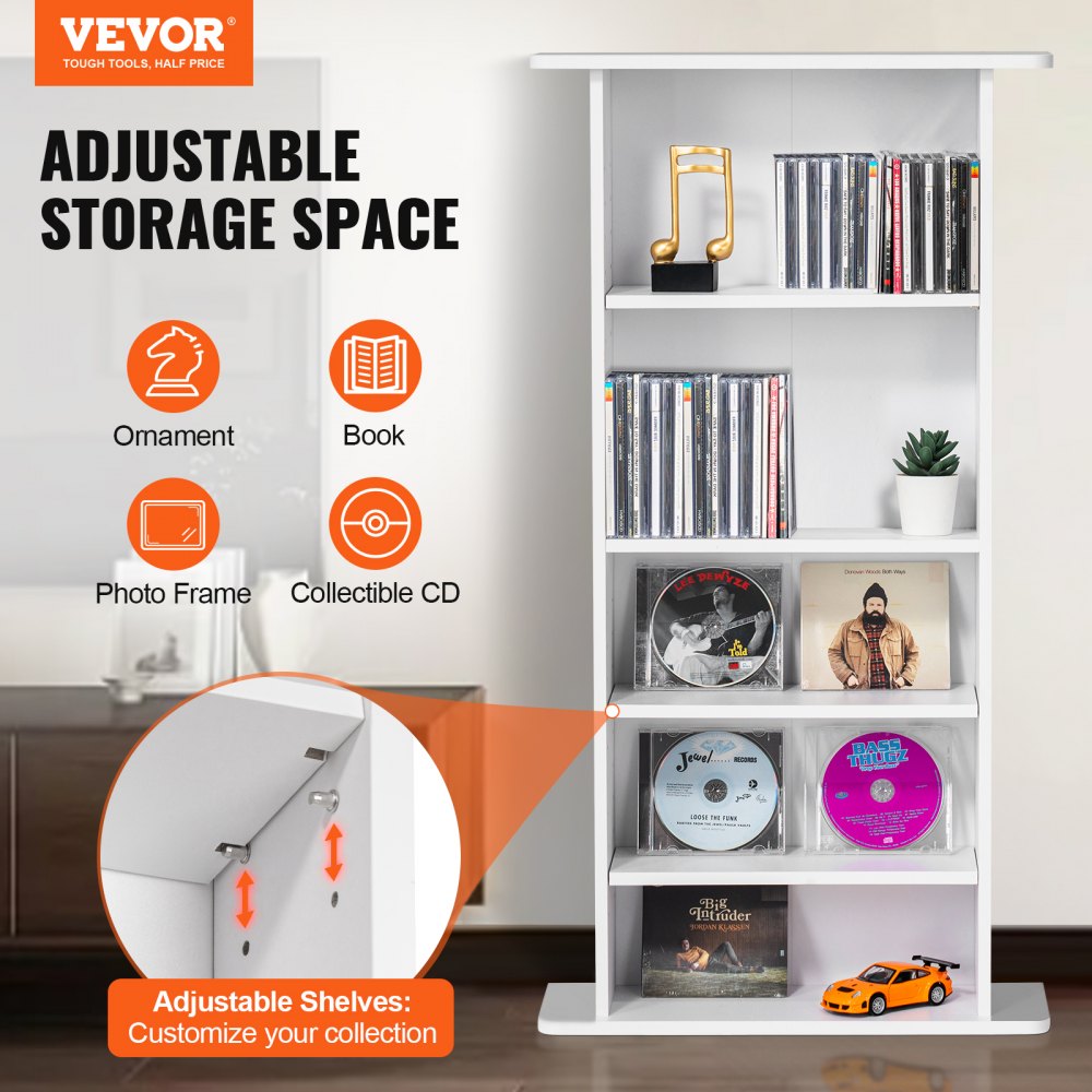 VEVOR Media Storage Cabinet, 5-layer DVD Shelf Holds up to 240 CDs, Adjustable CD Shelves, Protects & Organizes Music, Movie, Video Games or Memorabilia Collections, White