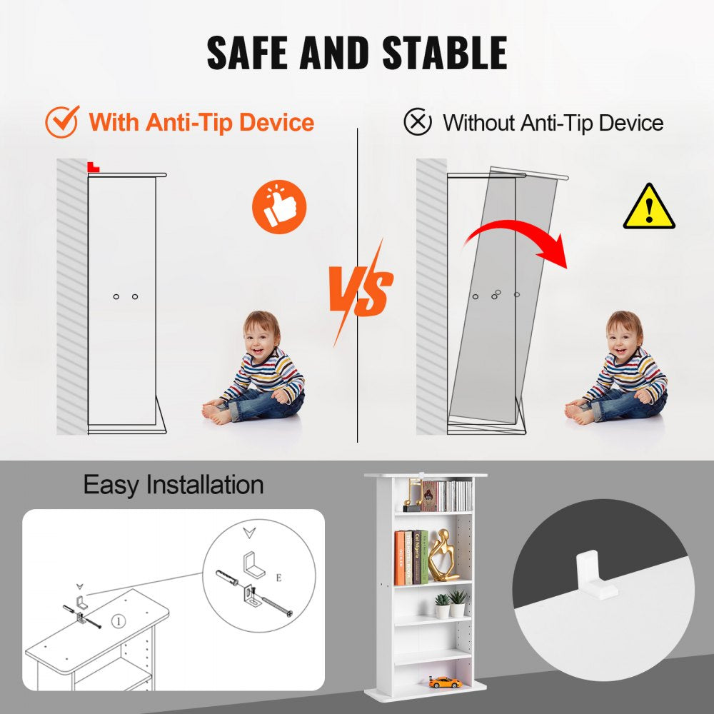 VEVOR Media Storage Cabinet, 5-layer DVD Shelf Holds up to 240 CDs, Adjustable CD Shelves, Protects & Organizes Music, Movie, Video Games or Memorabilia Collections, White
