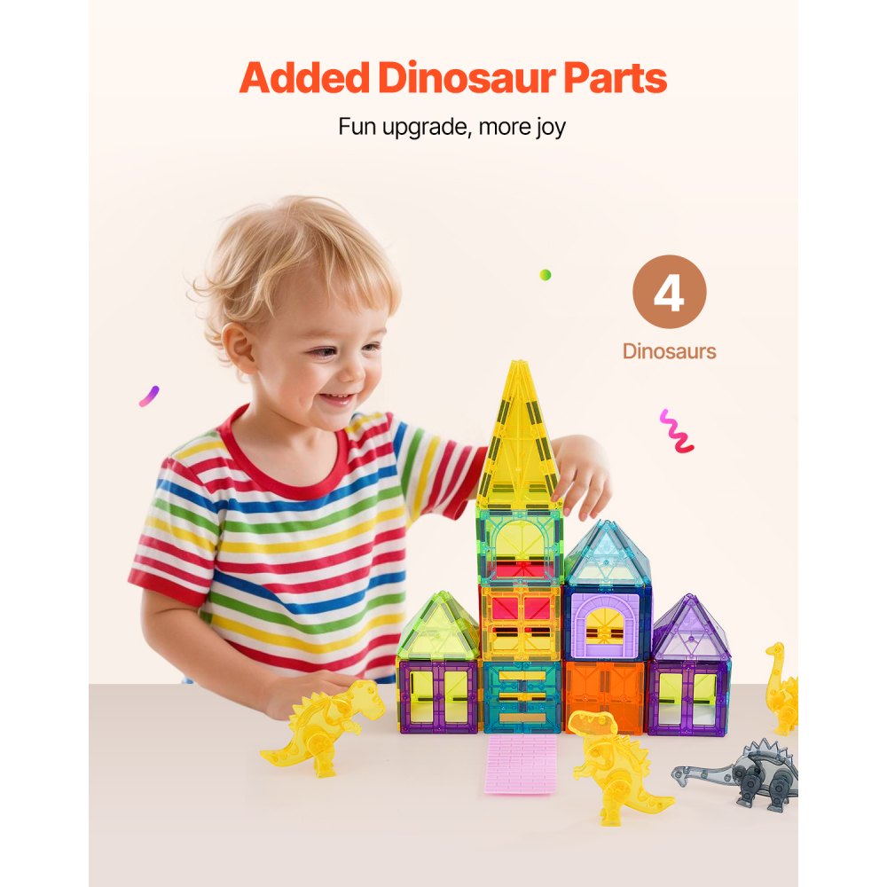 VEVOR Magnetic Tiles, 56 PCS Magnetic Animals Building Blocks for Kids, Magnet Building Set with 4 Dinosaurs, STEM Sensory Educational Construction Stacking Toys Gift for Toddlers Boys Girls Aged 3+