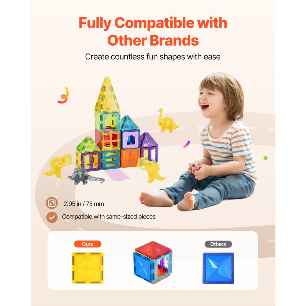 VEVOR Magnetic Tiles, 56 PCS Magnetic Animals Building Blocks for Kids, Magnet Building Set with 4 Dinosaurs, STEM Sensory Educational Construction Stacking Toys Gift for Toddlers Boys Girls Aged 3+