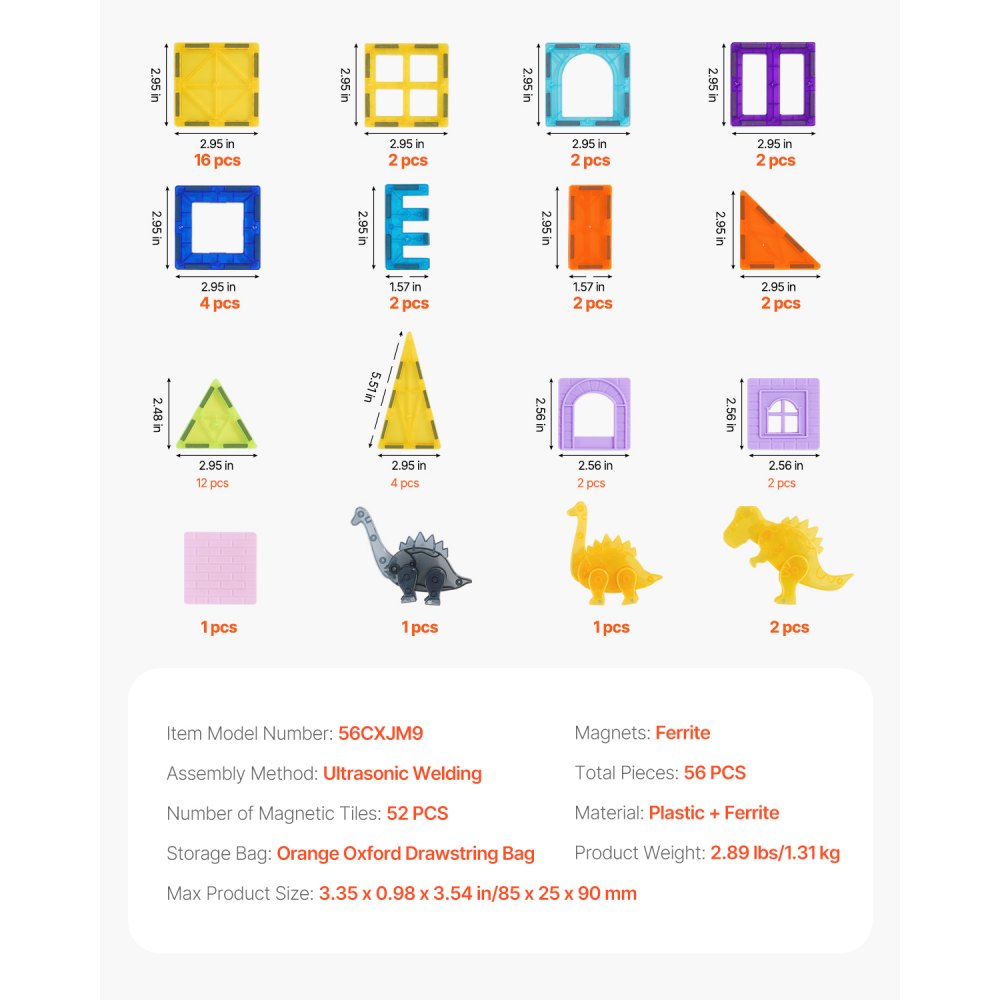 VEVOR Magnetic Tiles, 56 PCS Magnetic Animals Building Blocks for Kids, Magnet Building Set with 4 Dinosaurs, STEM Sensory Educational Construction Stacking Toys Gift for Toddlers Boys Girls Aged 3+