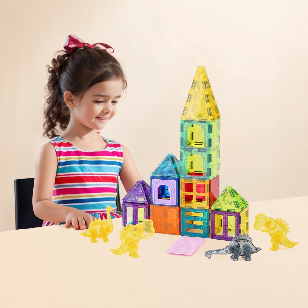 VEVOR Magnetic Tiles, 56 PCS Magnetic Animals Building Blocks for Kids, Magnet Building Set with 4 Dinosaurs, STEM Sensory Educational Construction Stacking Toys Gift for Toddlers Boys Girls Aged 3+