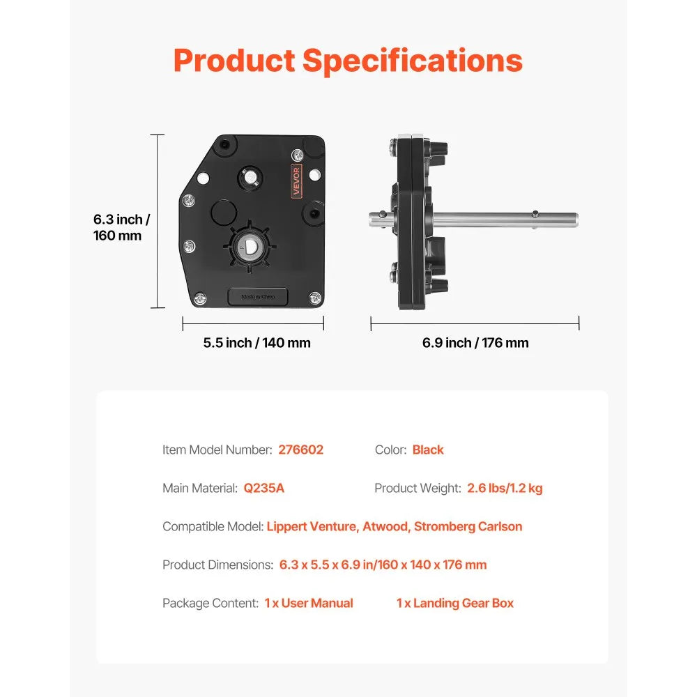 VEVOR RV Fifth Wheel Landing Gear Box 276602, Universal Mount Steel Gearbox Compatible with Lippert Venture, Atwood, Stromberg Carlson Landing Gear Systems, Replace LG-179015, Adjustable Height, Black