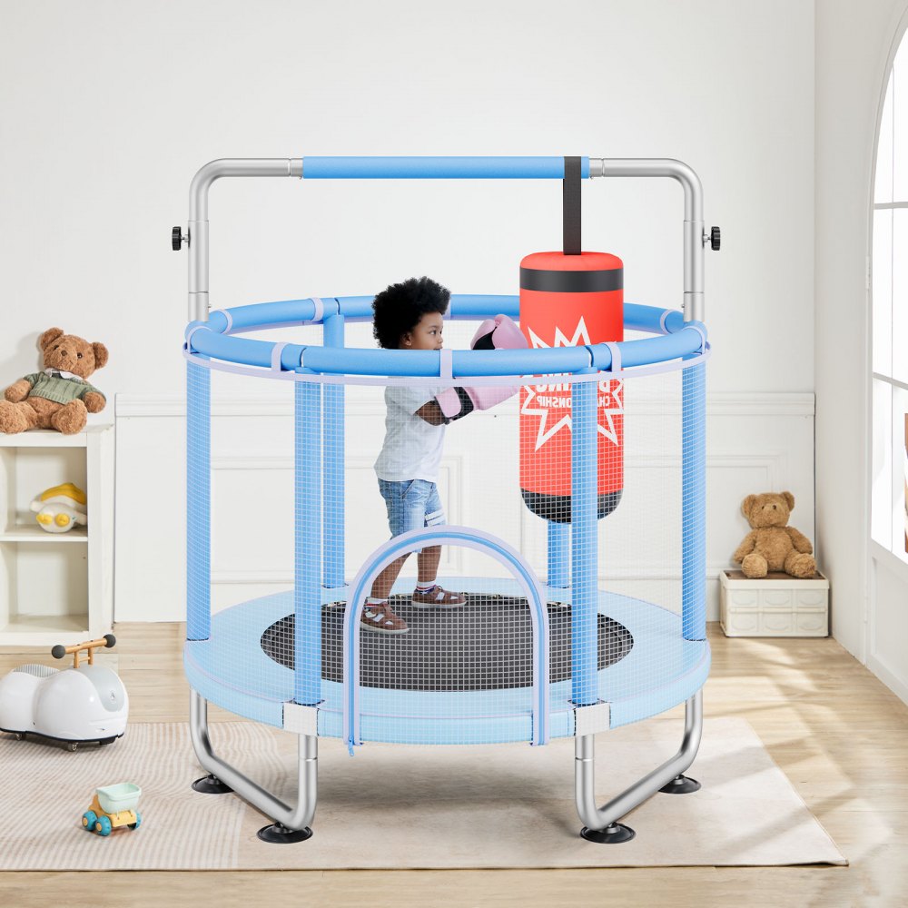 VEVOR 55" Kids Trampoline, 4.6FT Indoor Outdoor Trampoline, Mini Toddler Recreational Trampolinewith Safety Enclosure Net and Basketball Hoop, Birthday Gifts Christmas Toys for 3+ Years Children, Blue