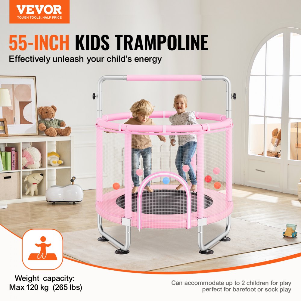 VEVOR 55" Kids Trampoline, 4.6FT Indoor Outdoor Trampoline, Mini Toddler Recreational Trampolinewith Safety Enclosure Net and Basketball Hoop, Birthday Gifts Christmas Toys for 3+ Years Children, Pink