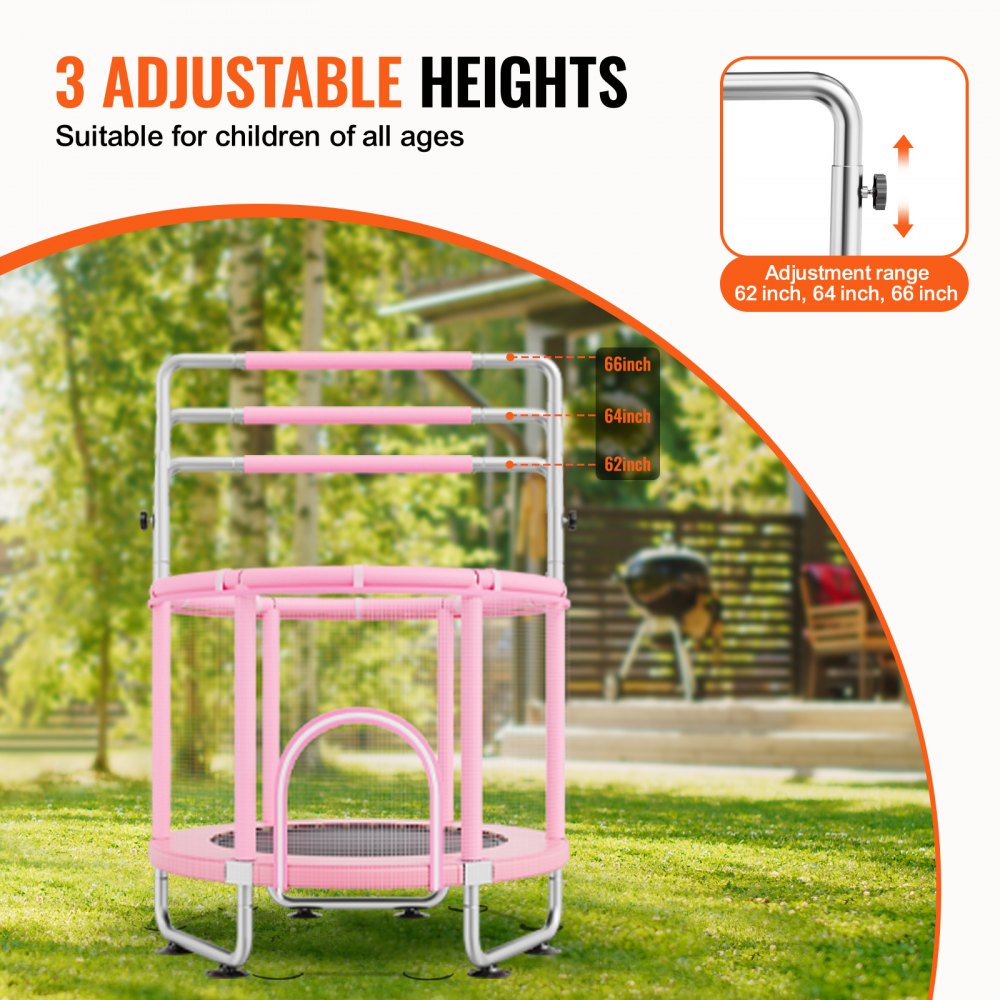 VEVOR 55" Kids Trampoline, 4.6FT Indoor Outdoor Trampoline, Mini Toddler Recreational Trampolinewith Safety Enclosure Net and Basketball Hoop, Birthday Gifts Christmas Toys for 3+ Years Children, Pink