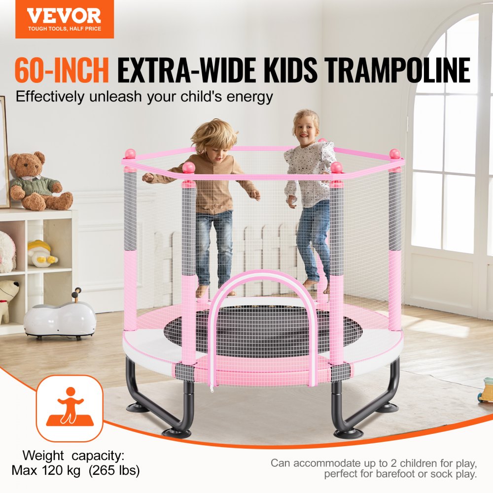 VEVOR 60" Kids Trampoline, 5FT Indoor Outdoor Trampoline, Mini Toddler Recreational Trampolinewith Safety Enclosure Net and Basketball Hoop, Birthday Gifts Christmas Toys for 3+ Years Children, Pink