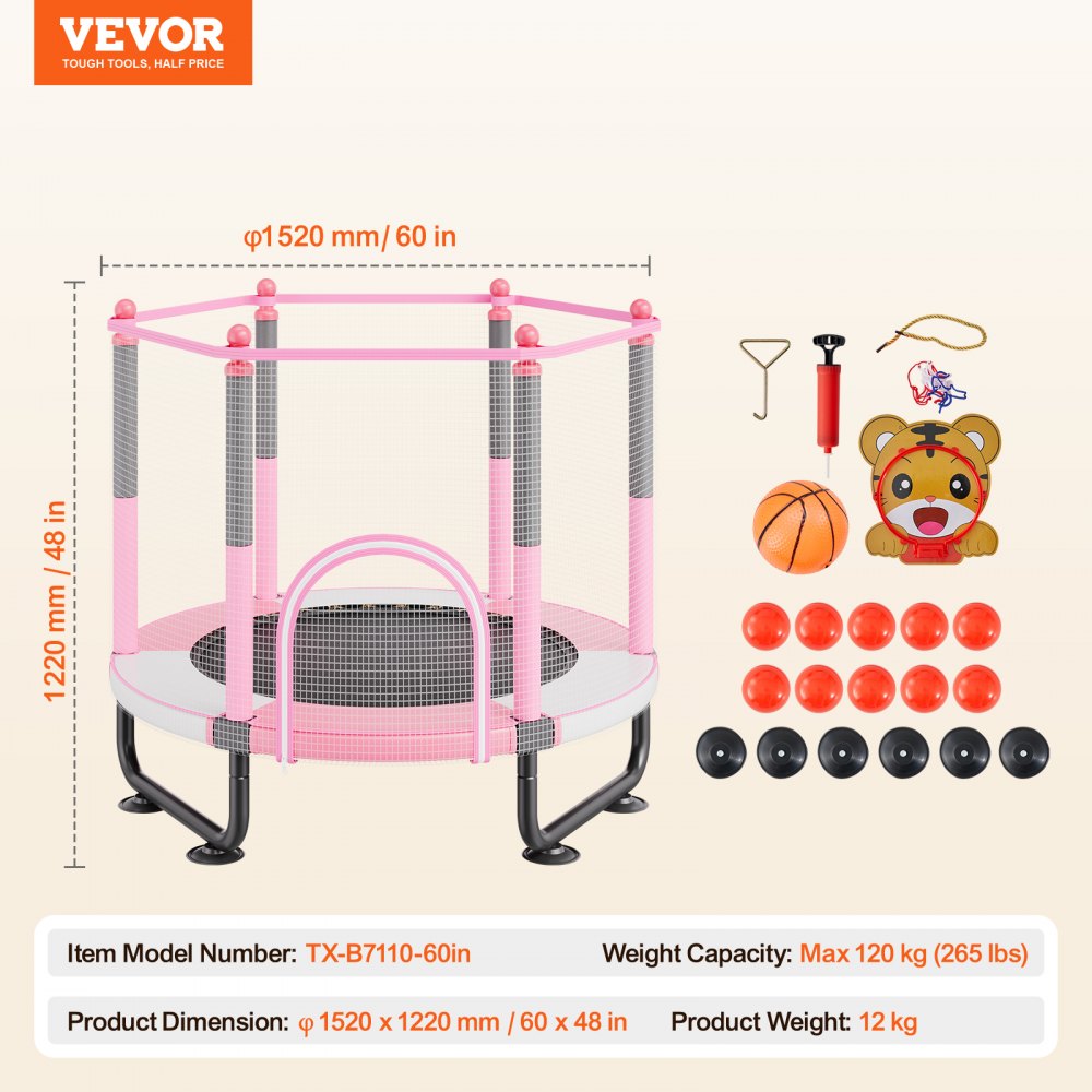 VEVOR 60" Kids Trampoline, 5FT Indoor Outdoor Trampoline, Mini Toddler Recreational Trampolinewith Safety Enclosure Net and Basketball Hoop, Birthday Gifts Christmas Toys for 3+ Years Children, Pink
