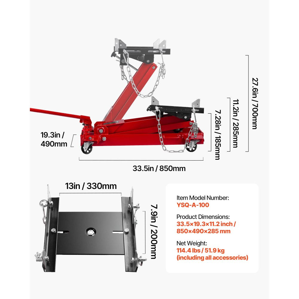 Size and key dimensions diagram for VEVOR YSQ-A-100 transmission jack