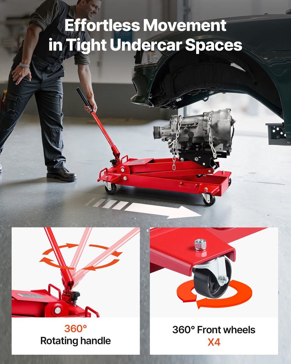 Effortless movement in tight undercar spaces - 360 degree rotating handle and 4 swivel wheels