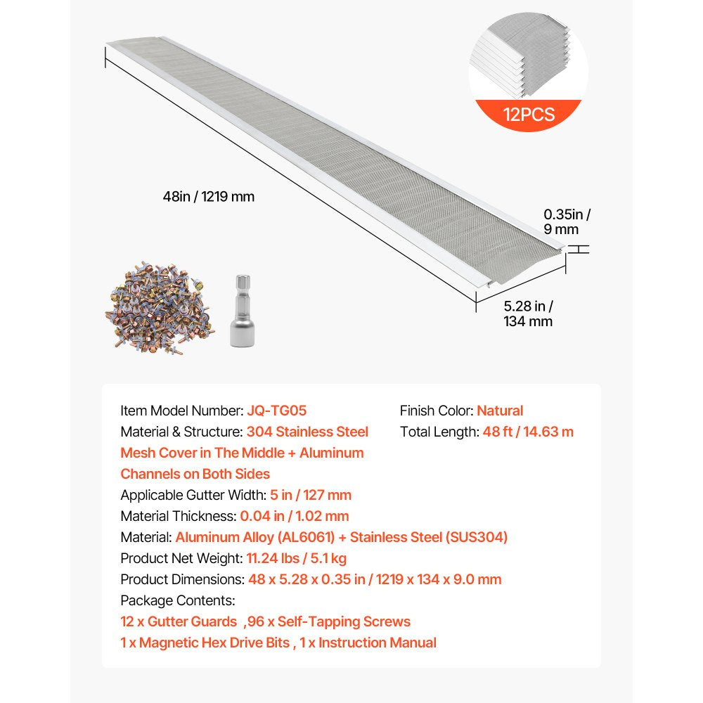 VEVOR Gutter Guard, 5 in Aluminum Gutter Cover with Stainless Steel Micro Mesh, Heavy-Duty 48ft Length, 0.04in Thick, Leaf Guard for Debris and Pine Needles, Easy DIY Install, Screws Included, 12 PCS