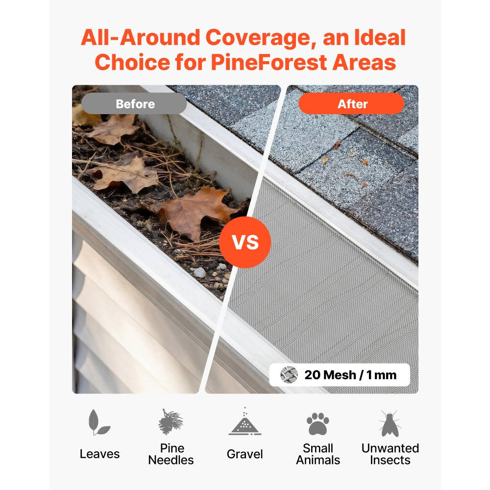 VEVOR Gutter Guard, 6 in Aluminum Gutter Cover with Stainless Steel Micro Mesh, Heavy-Duty 48ft Length, 0.04in Thick, Leaf Guard for Debris and Pine Needles, Easy DIY Install, Screws Included, 12 PCS