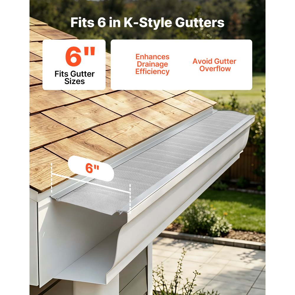 VEVOR Gutter Guard, 6 in Aluminum Gutter Cover with Stainless Steel Micro Mesh, Heavy-Duty 48ft Length, 0.04in Thick, Leaf Guard for Debris and Pine Needles, Easy DIY Install, Screws Included, 12 PCS