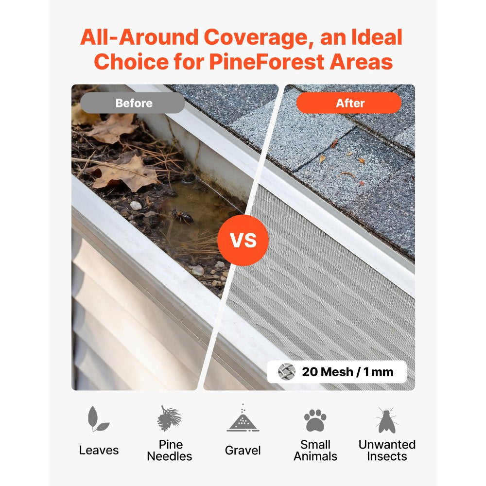 VEVOR Gutter Guard, 5 in Aluminum Gutter Cover with Stainless Steel Micro Mesh, Heavy-Duty 100ft Length, 0.04in Thick, Leaf Guard for Debris and Pine Needles, Easy DIY Install, Screws Included, 20 PCS