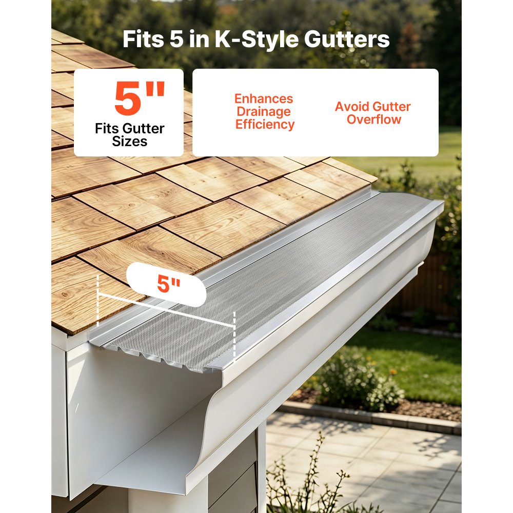 VEVOR Gutter Guard, 5 in Aluminum Gutter Cover with Stainless Steel Micro Mesh, Heavy-Duty 100ft Length, 0.04in Thick, Leaf Guard for Debris and Pine Needles, Easy DIY Install, Screws Included, 20 PCS