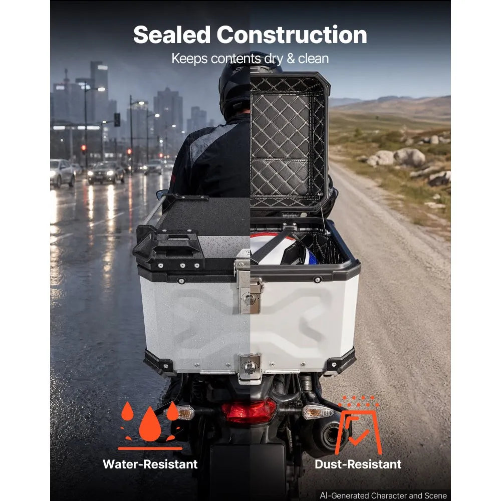 VEVOR Motorcycle Top Case 55L Universal Aluminum Hard Motorcycle Tail Case, Waterproof Detachable Motorbike Top Box with Security Lock & Leather Liner for Luggage Storage