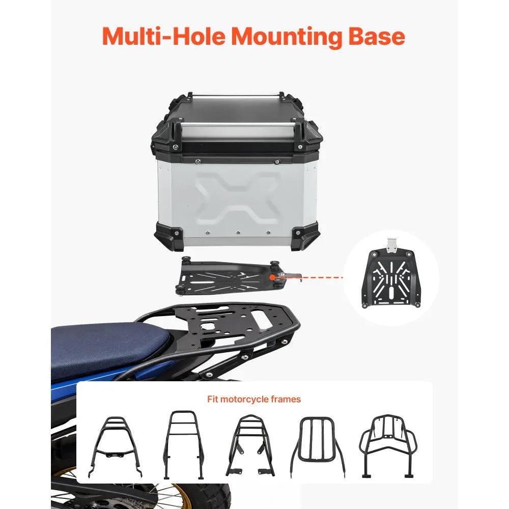 VEVOR Motorcycle Top Case, 65L Universal Aluminum Hard Motorcycle Tail Case, Waterproof Detachable Motorbike Top Box with Security Lock & Leather Liner for Helmets Storage