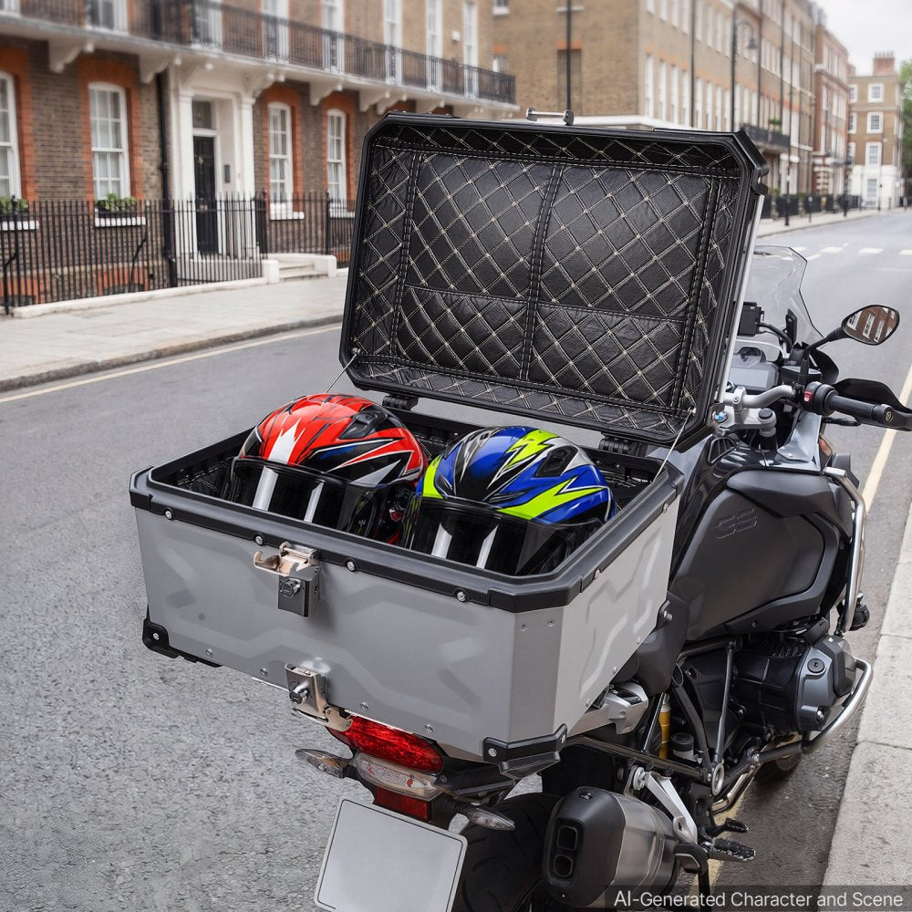 VEVOR Motorcycle Top Case, 65L Universal Aluminum Hard Motorcycle Tail Case, Waterproof Detachable Motorbike Top Box with Security Lock & Leather Liner for Helmets Storage
