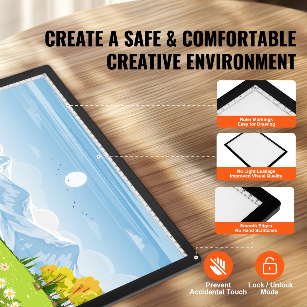 VEVOR Light Board, A3 LED Light Pad with 6 Level Dimmable Brightness, Rechargeable Light Table for Tracing, Light Box for Diamond Painting, Animation, Sketching, Drawing, Stenciling, Artists (Black)