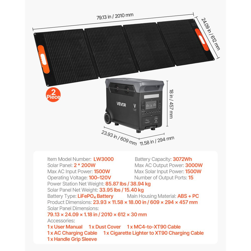VEVOR Portable Power Station with 2PCS 200W Solar Panels, 3000W Solar Generator Power Station, 3072Wh LiFePO4 Battery Backup with 15 Output Ports for for Home Emergency, Outdoor Camping, RV Travel