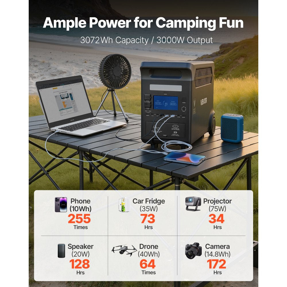 VEVOR Portable Power Station, 3000W Solar Generator Power Station, 3072Wh LiFePO4 Battery Backup with 15 Output Ports for for Home Emergency, Outdoor Camping, RV Travel (Solar Panel NOT Included)