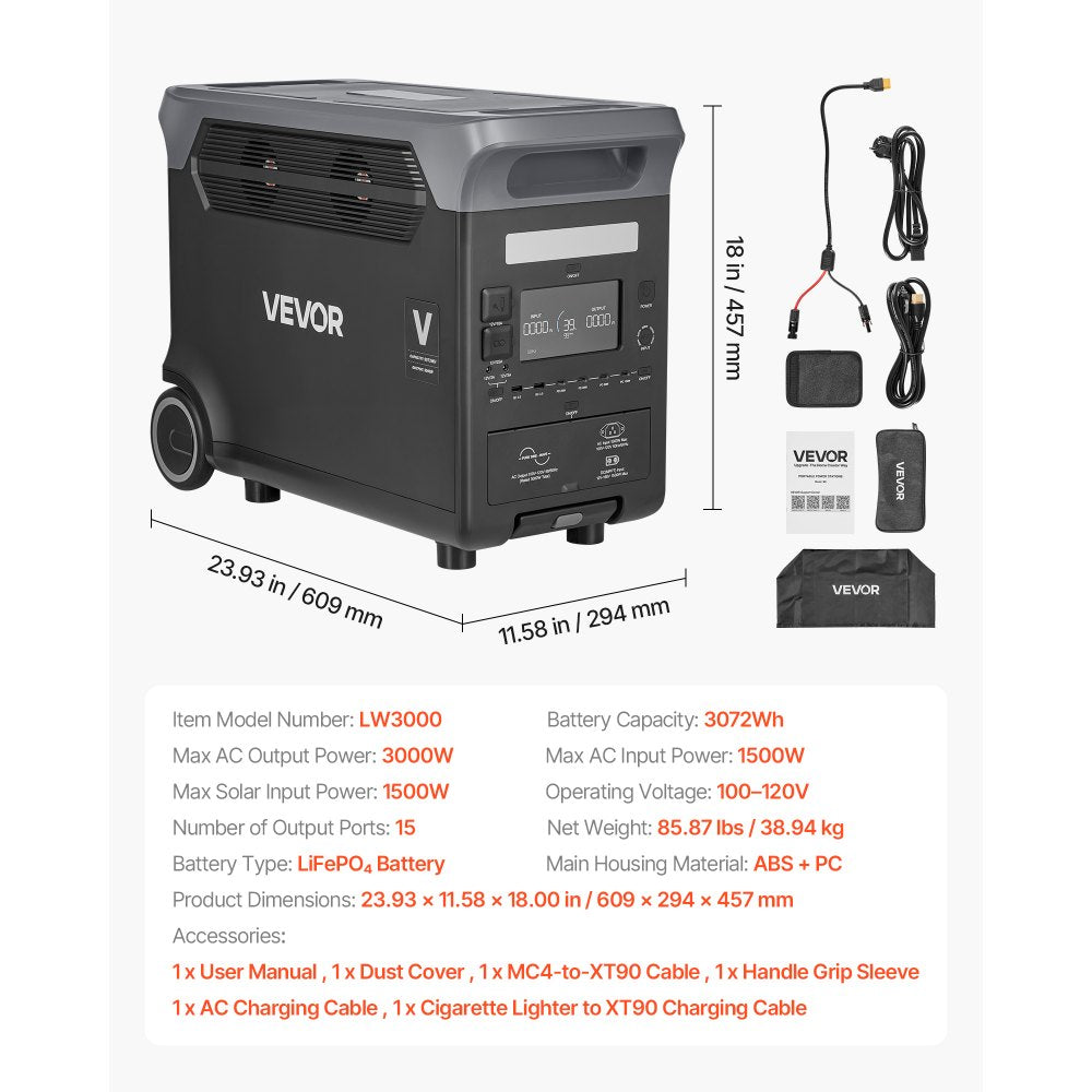 VEVOR Portable Power Station, 3000W Solar Generator Power Station, 3072Wh LiFePO4 Battery Backup with 15 Output Ports for for Home Emergency, Outdoor Camping, RV Travel (Solar Panel NOT Included)