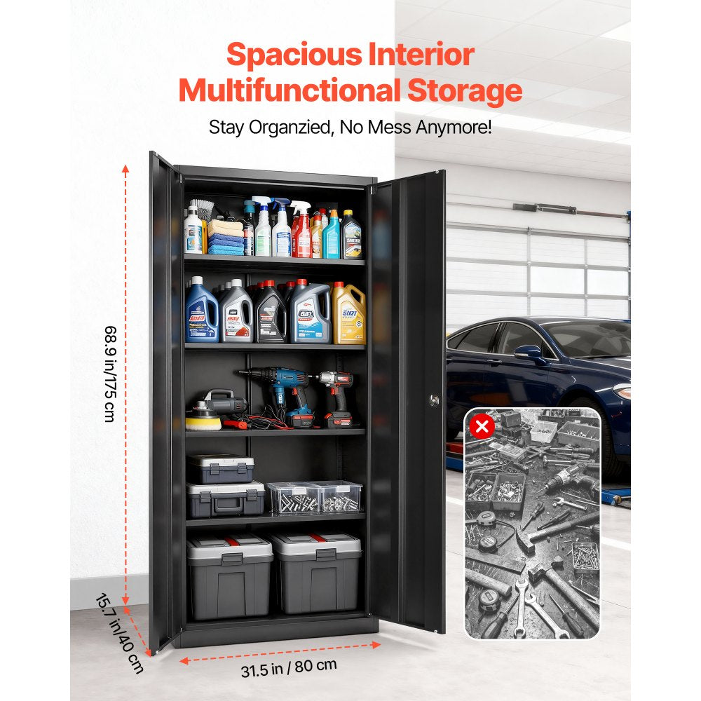 VEVOR Metal Storage Cabinet 68.9 in Lockable Steel Garage Cabinet Black, for Pantry, Warehouse, Basement, Laundry, Office, 5 Tiers Tool Storage with 4 Adjustable Shelves, 2 Magnetic Doors, 2 Keys