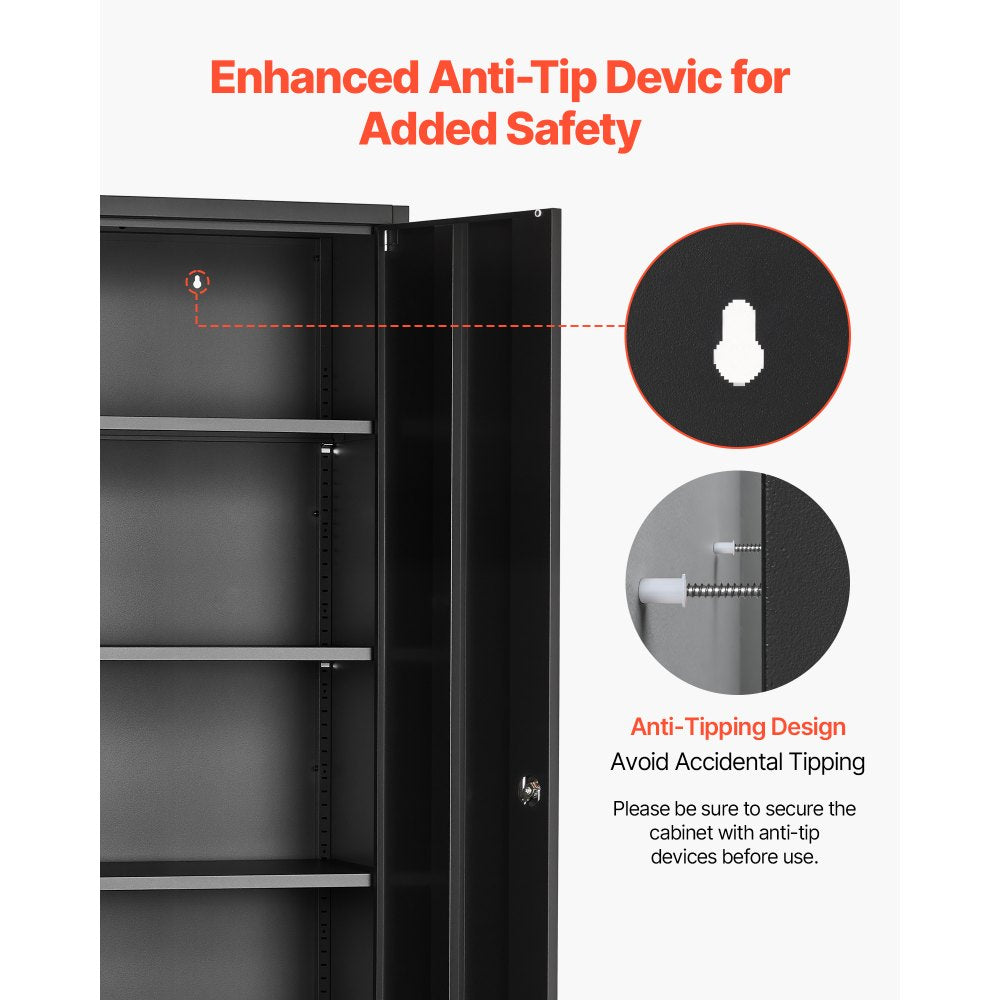 VEVOR Metal Storage Cabinet 68.9 in Lockable Steel Garage Cabinet Black, for Pantry, Warehouse, Basement, Laundry, Office, 5 Tiers Tool Storage with 4 Adjustable Shelves, 2 Magnetic Doors, 2 Keys