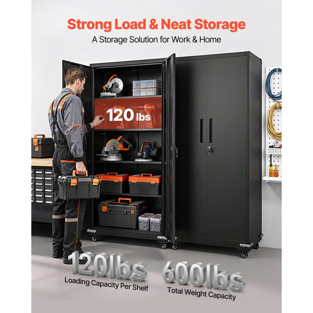 VEVOR Metal Storage Cabinet 72.6 in Rolling Steel Garage Cabinet Black, for Pantry, Warehouse, Basement, Office, 5 Tiers Lockable Tool Storage, with 4 Adjustable Shelves, 2 Magnetic Doors & 2 Keys