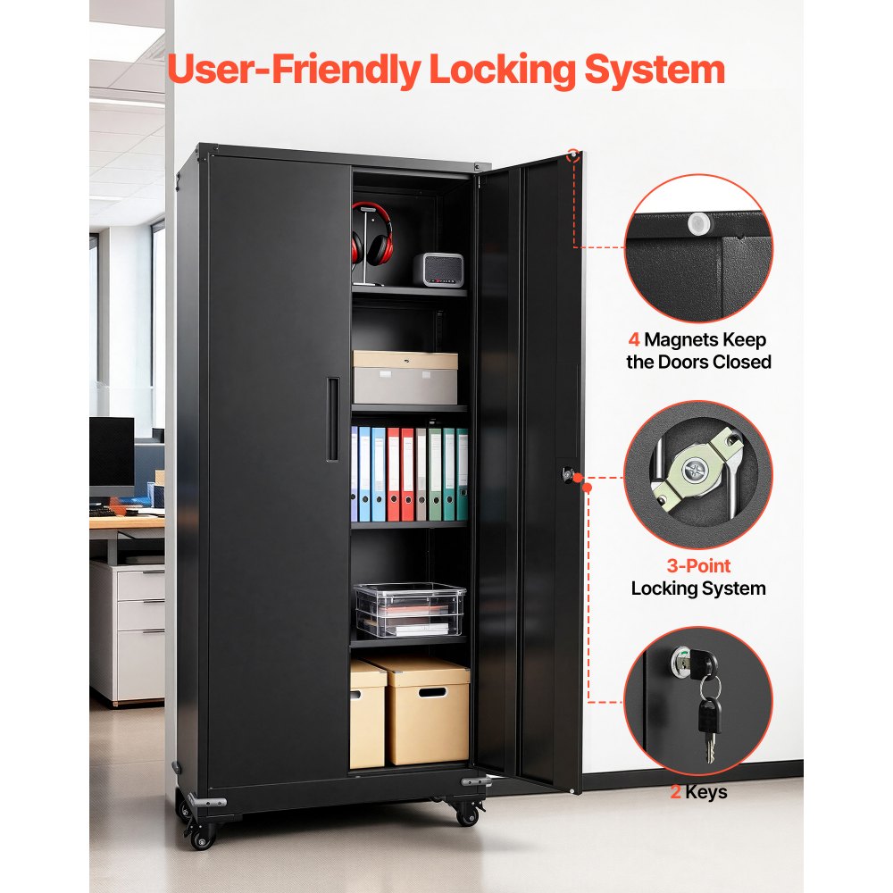 VEVOR Metal Storage Cabinet 72.6 in Rolling Steel Garage Cabinet Black, for Pantry, Warehouse, Basement, Office, 5 Tiers Lockable Tool Storage, with 4 Adjustable Shelves, 2 Magnetic Doors & 2 Keys