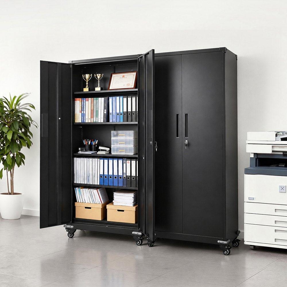 VEVOR Metal Storage Cabinet 72.6 in Rolling Steel Garage Cabinet Black, for Pantry, Warehouse, Basement, Office, 5 Tiers Lockable Tool Storage, with 4 Adjustable Shelves, 2 Magnetic Doors & 2 Keys
