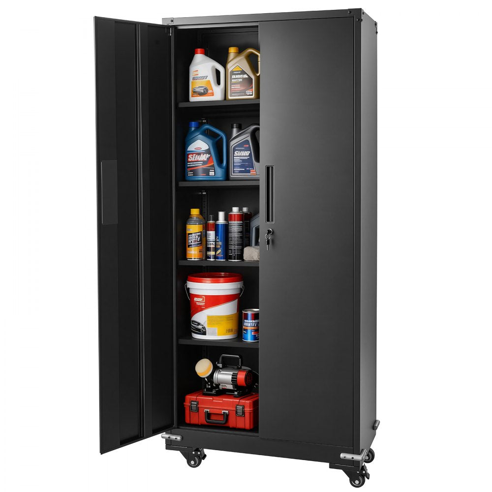 VEVOR Metal Storage Cabinet 72.6 in Rolling Steel Garage Cabinet Black, for Pantry, Warehouse, Basement, Office, 5 Tiers Lockable Tool Storage, with 4 Adjustable Shelves, 2 Magnetic Doors & 2 Keys