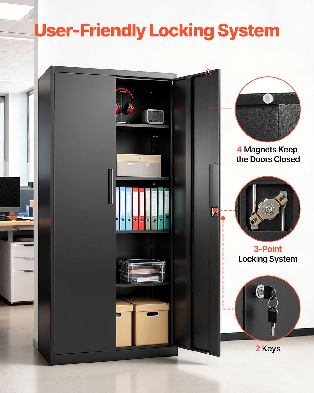 VEVOR Metal Storage Cabinet, 68.9 in Lockable Steel Garage Cabinet with 4 Adjustable Shelves, 2 Magnetic Doors, 2 Keys, 5 Tiers Tool Storage for Pantry, Warehouse, Basement, Laundry, Office, Black
